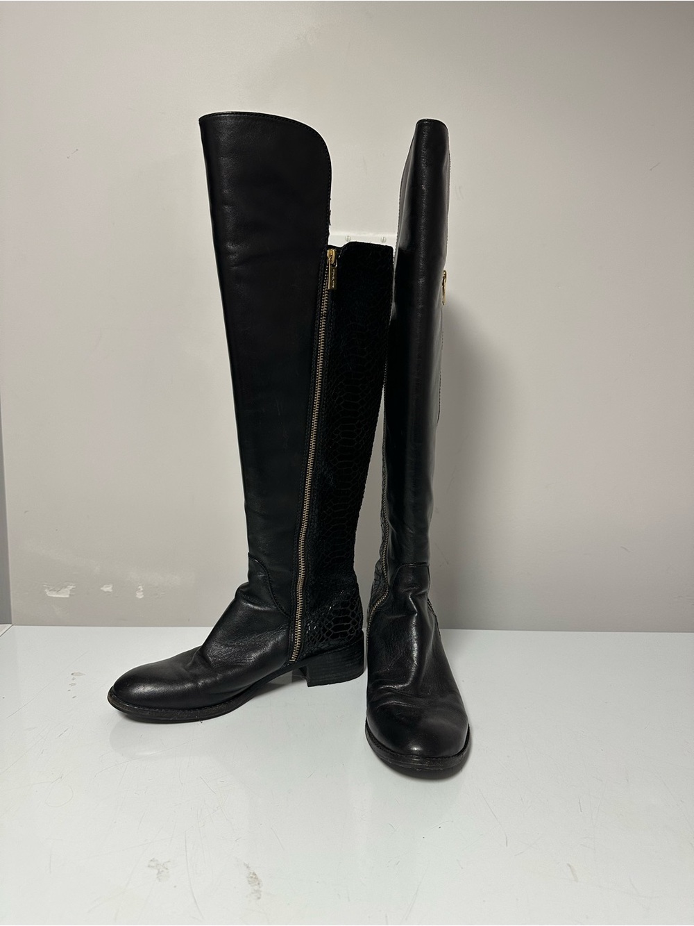 MICHAEL Michael Kors Black Over-the-Knee Riding Boots with Gold Zipper